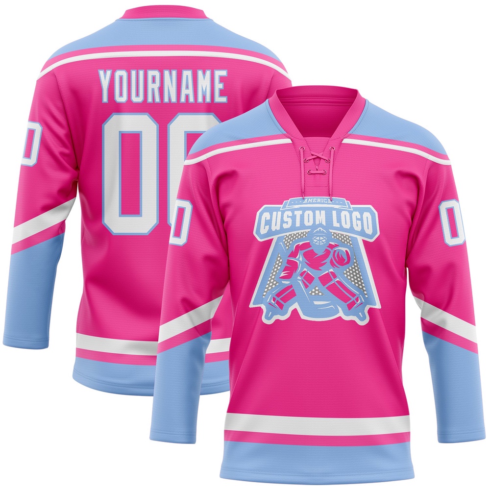 Custom Pink White Light Blue Hockey Lace Neck Jersey, New Hockey Jersey, Personali Sport Team Jersey Shirt