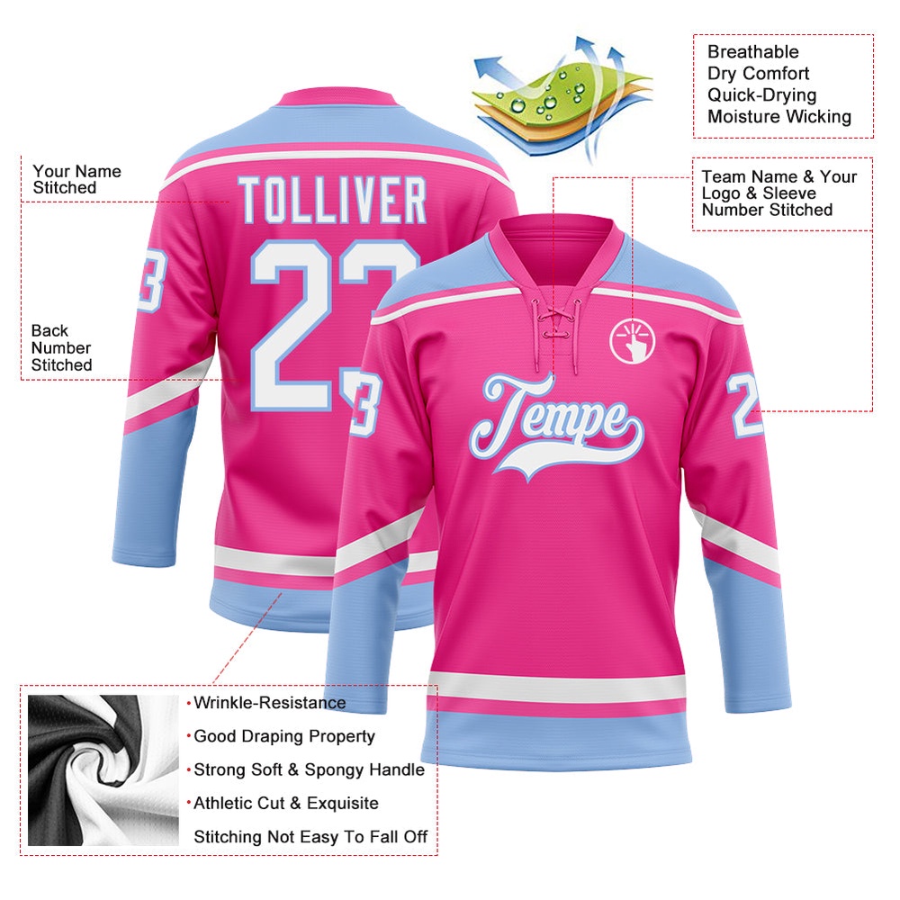 Custom Pink White Light Blue Hockey Lace Neck Jersey, New Hockey Jersey, Personali Sport Team Jersey Shirt