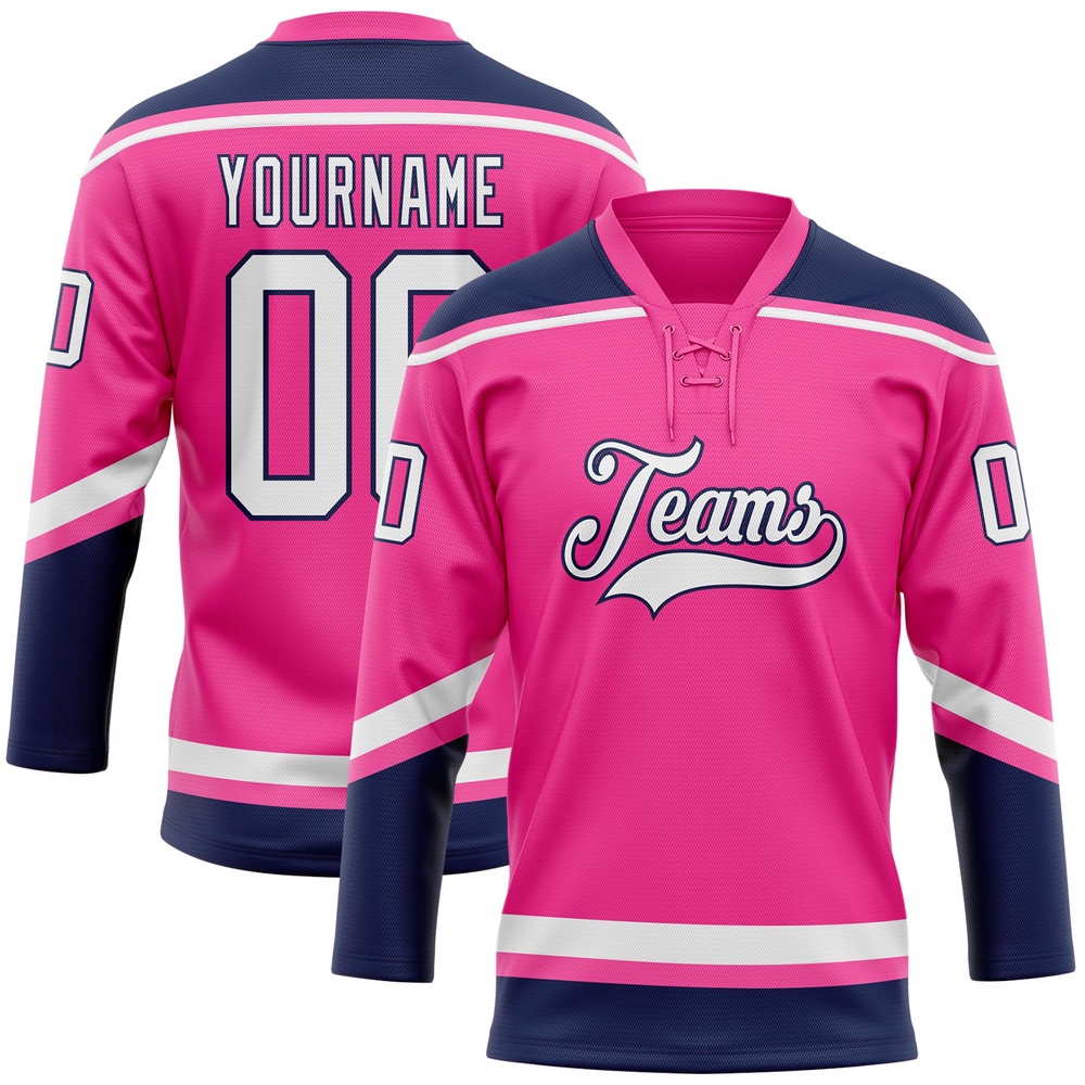 Custom Pink White Navy Hockey Lace Neck Jersey, New Hockey Jersey, Personali Sport Team Jersey Shirt