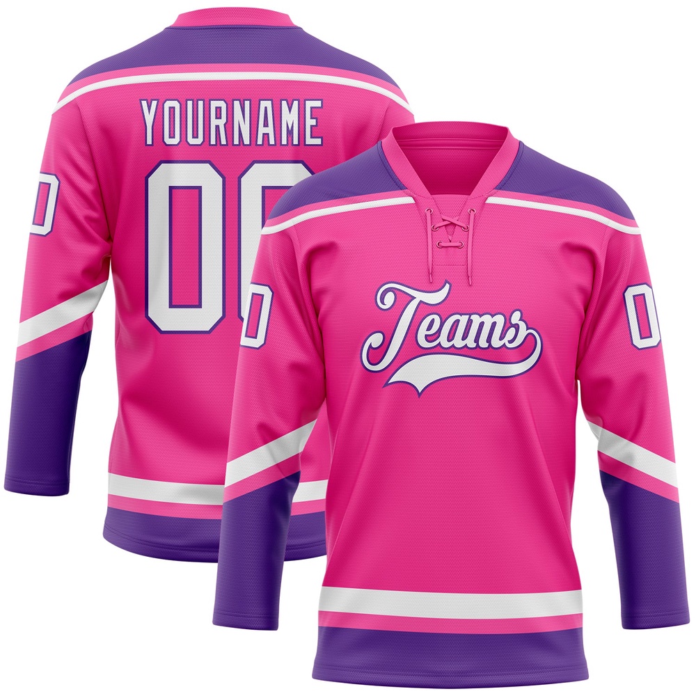 Custom Pink White Purple Hockey Lace Neck Jersey, New Hockey Jersey, Personali Sport Team Jersey Shirt