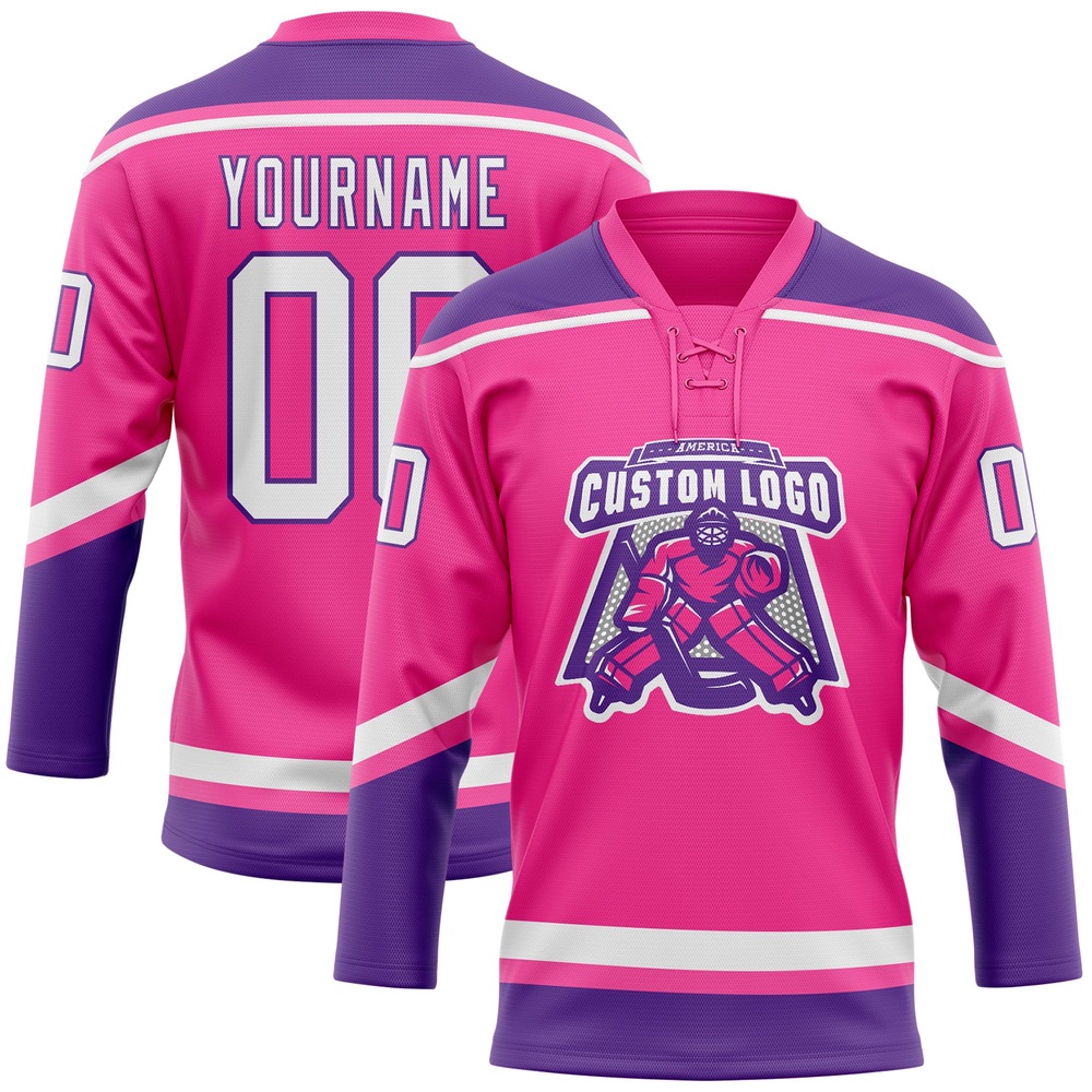 Custom Pink White Purple Hockey Lace Neck Jersey, New Hockey Jersey, Personali Sport Team Jersey Shirt