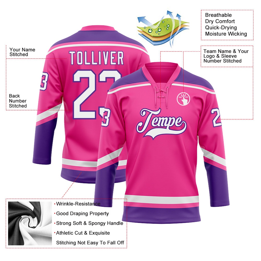Custom Pink White Purple Hockey Lace Neck Jersey, New Hockey Jersey, Personali Sport Team Jersey Shirt