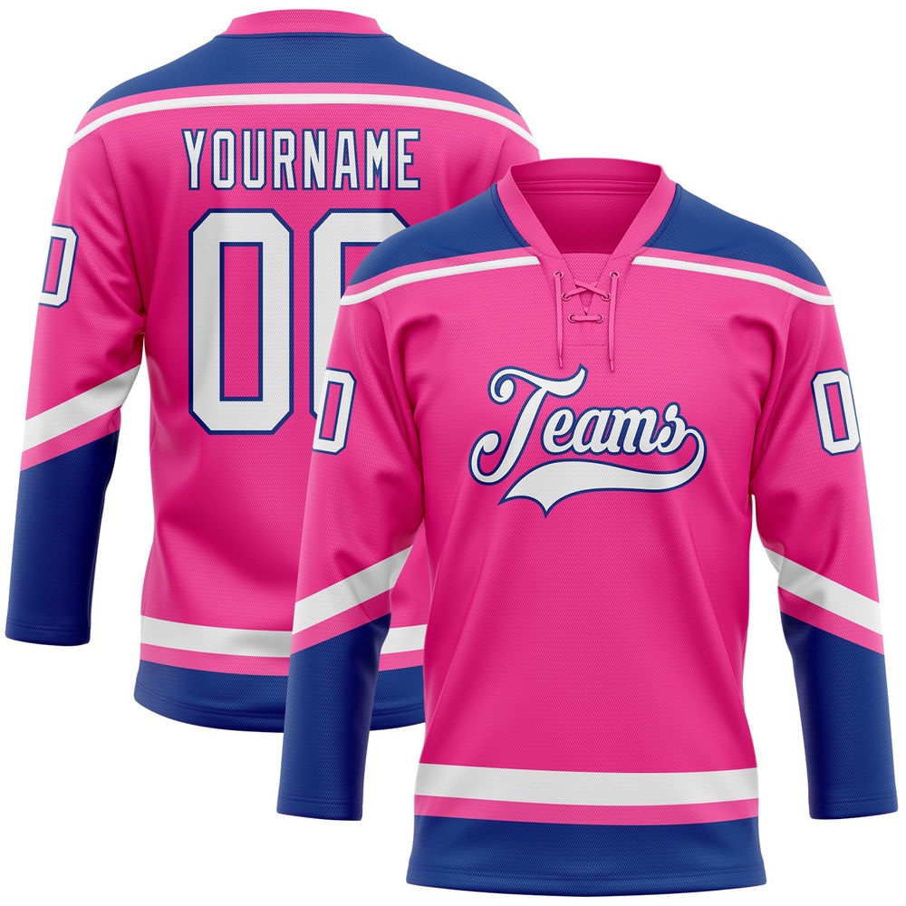 Custom Pink White Royal Hockey Lace Neck Jersey, New Hockey Jersey, Personali Sport Team Jersey Shirt