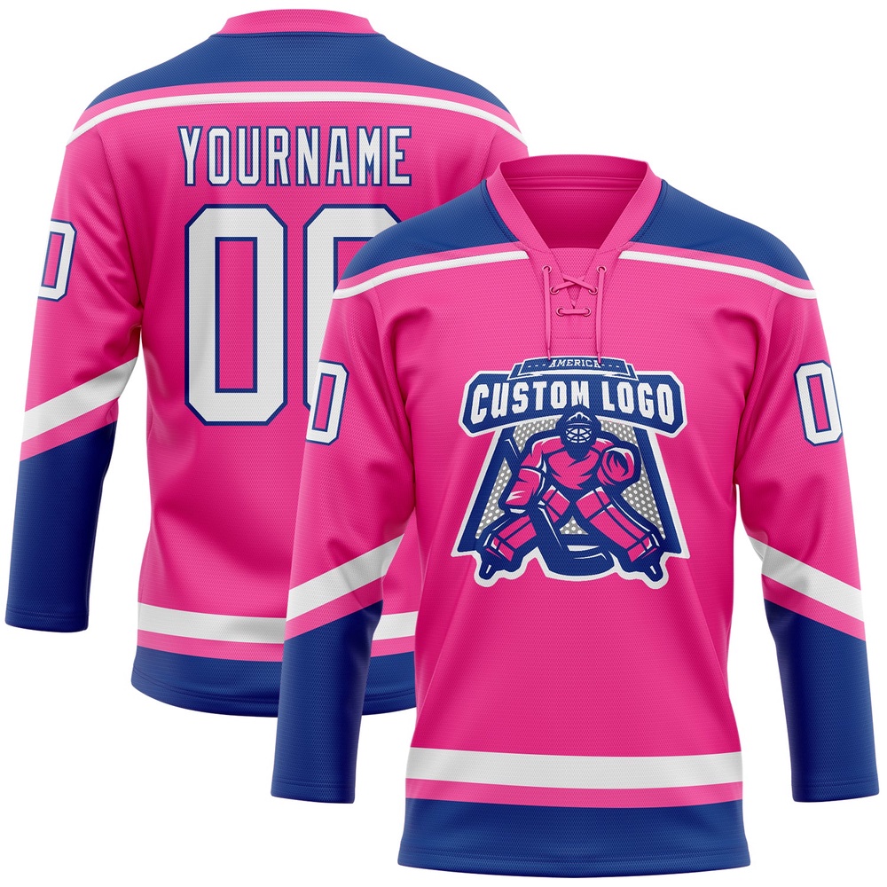 Custom Pink White Royal Hockey Lace Neck Jersey, New Hockey Jersey, Personali Sport Team Jersey Shirt