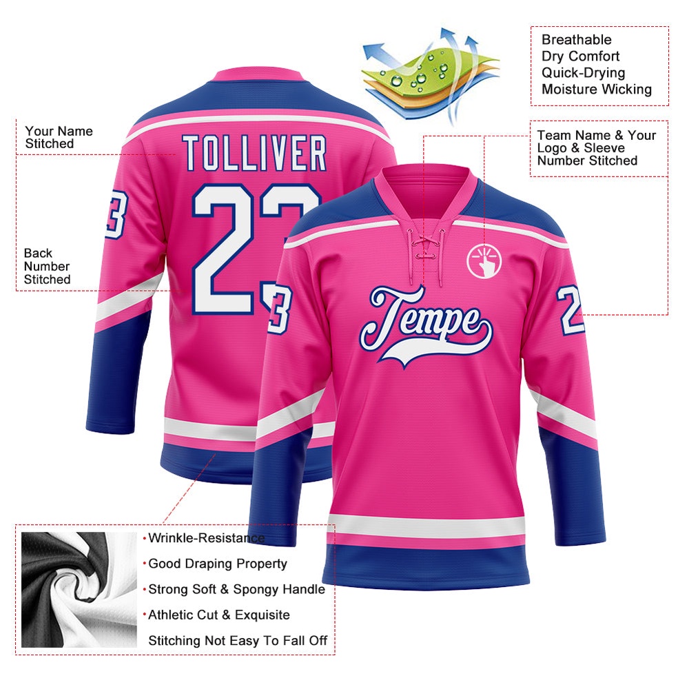 Custom Pink White Royal Hockey Lace Neck Jersey, New Hockey Jersey, Personali Sport Team Jersey Shirt