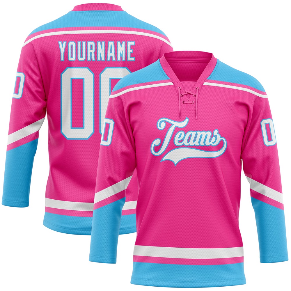 Custom Pink White Sky Blue Hockey Lace Neck Jersey, New Hockey Jersey, Personali Sport Team Jersey Shirt