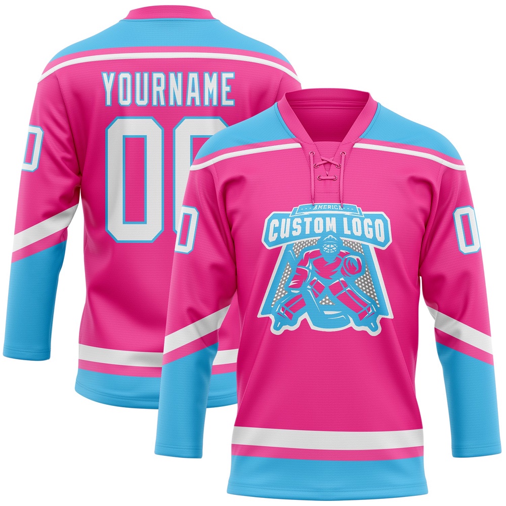 Custom Pink White Sky Blue Hockey Lace Neck Jersey, New Hockey Jersey, Personali Sport Team Jersey Shirt