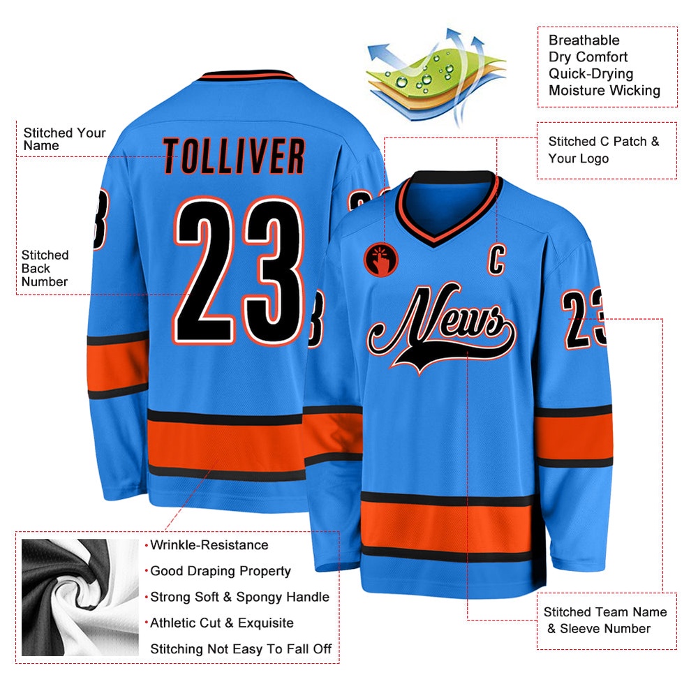 Custom Powder Blue Black Orange Hockey Jersey, New Hockey Jersey, Personali Sport Team Jersey Shirt