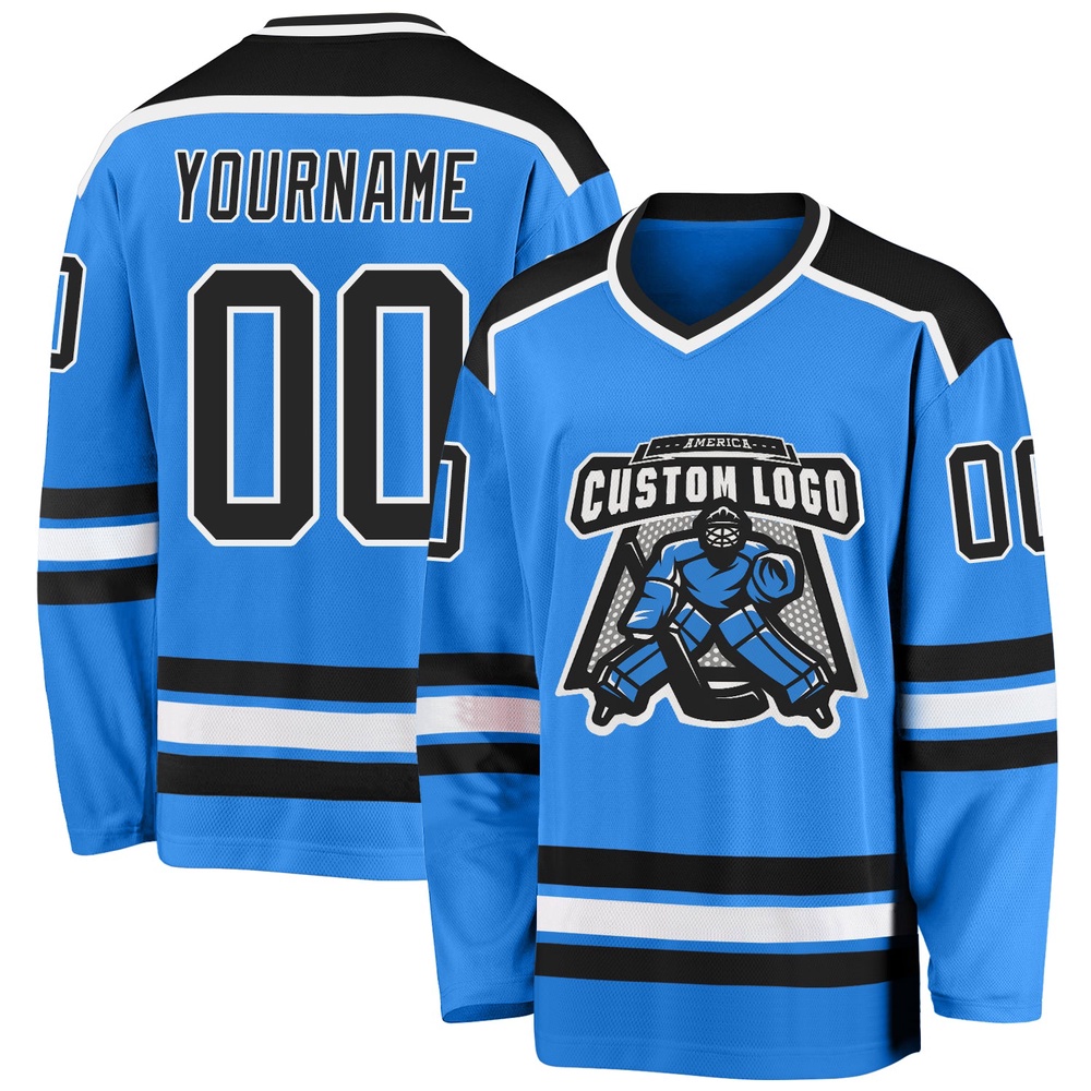 Custom Powder Blue Black White Hockey Jersey, New Hockey Jersey, Personali Sport Team Jersey Shirt