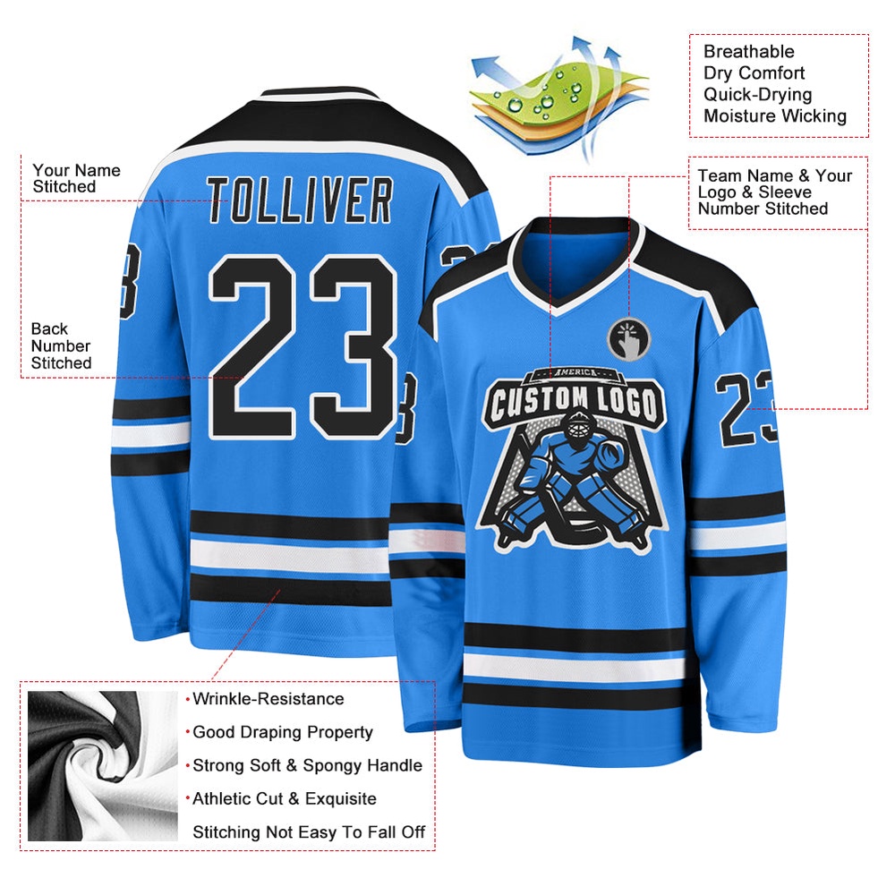 Custom Powder Blue Black White Hockey Jersey, New Hockey Jersey, Personali Sport Team Jersey Shirt