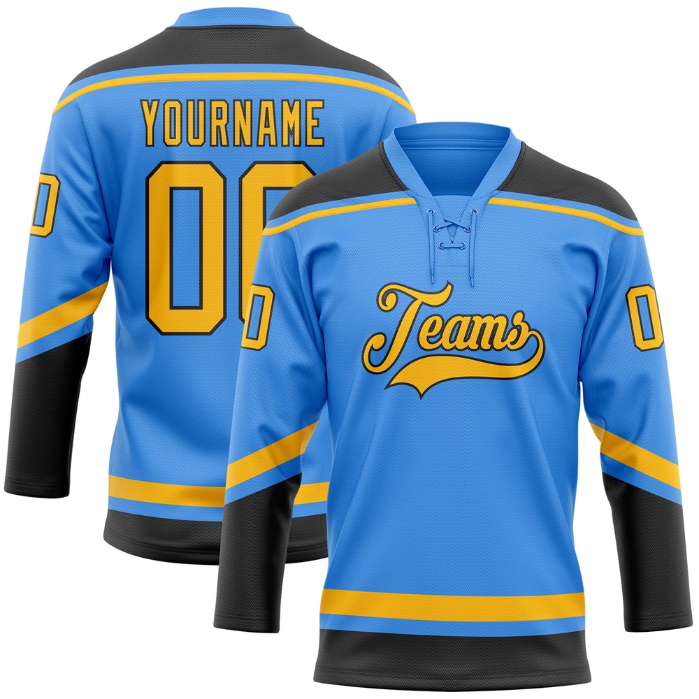 Custom Powder Blue Gold Black Hockey Lace Neck Jersey, New Hockey Jersey, Personali Sport Team Jersey Shirt