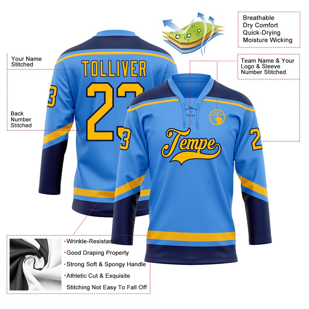 Custom Powder Blue Gold Navy Hockey Lace Neck Jersey, New Hockey Jersey, Personali Sport Team Jersey Shirt