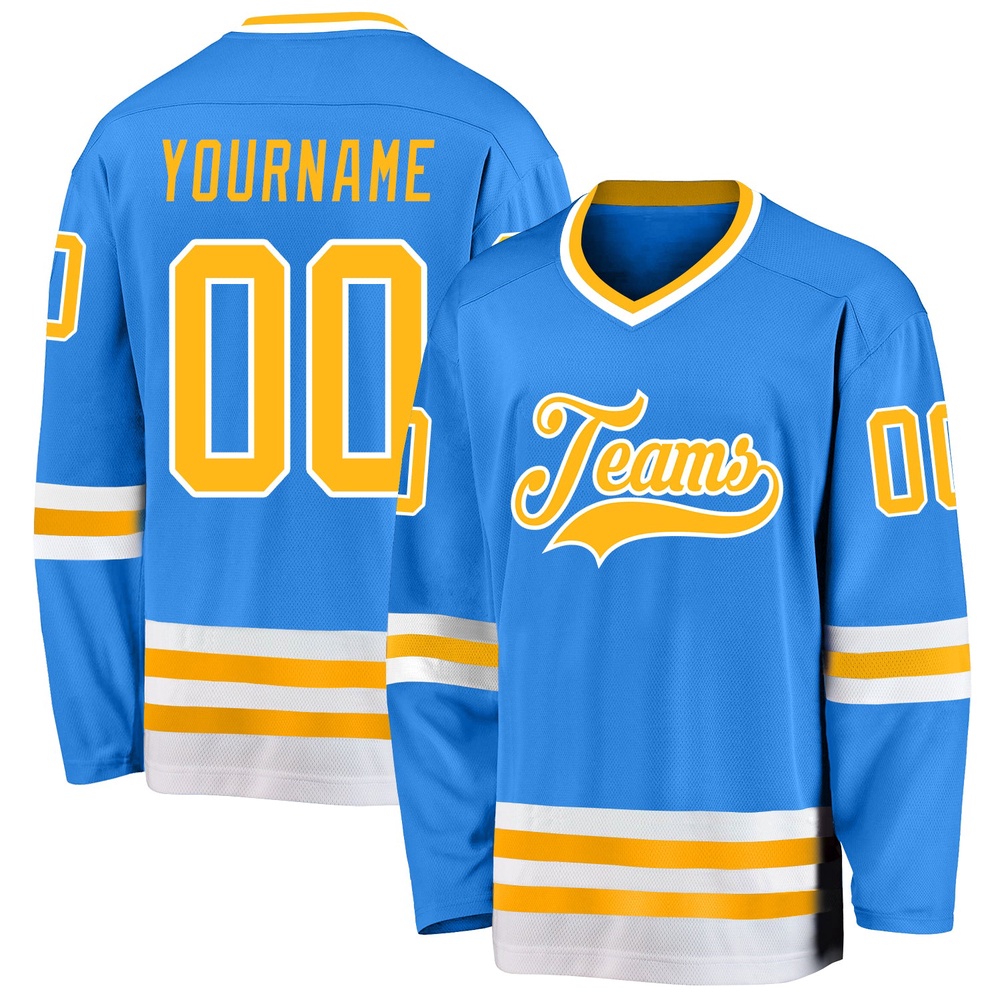 Custom Powder Blue Gold White Hockey Jersey, New Hockey Jersey, Personali Sport Team Jersey Shirt