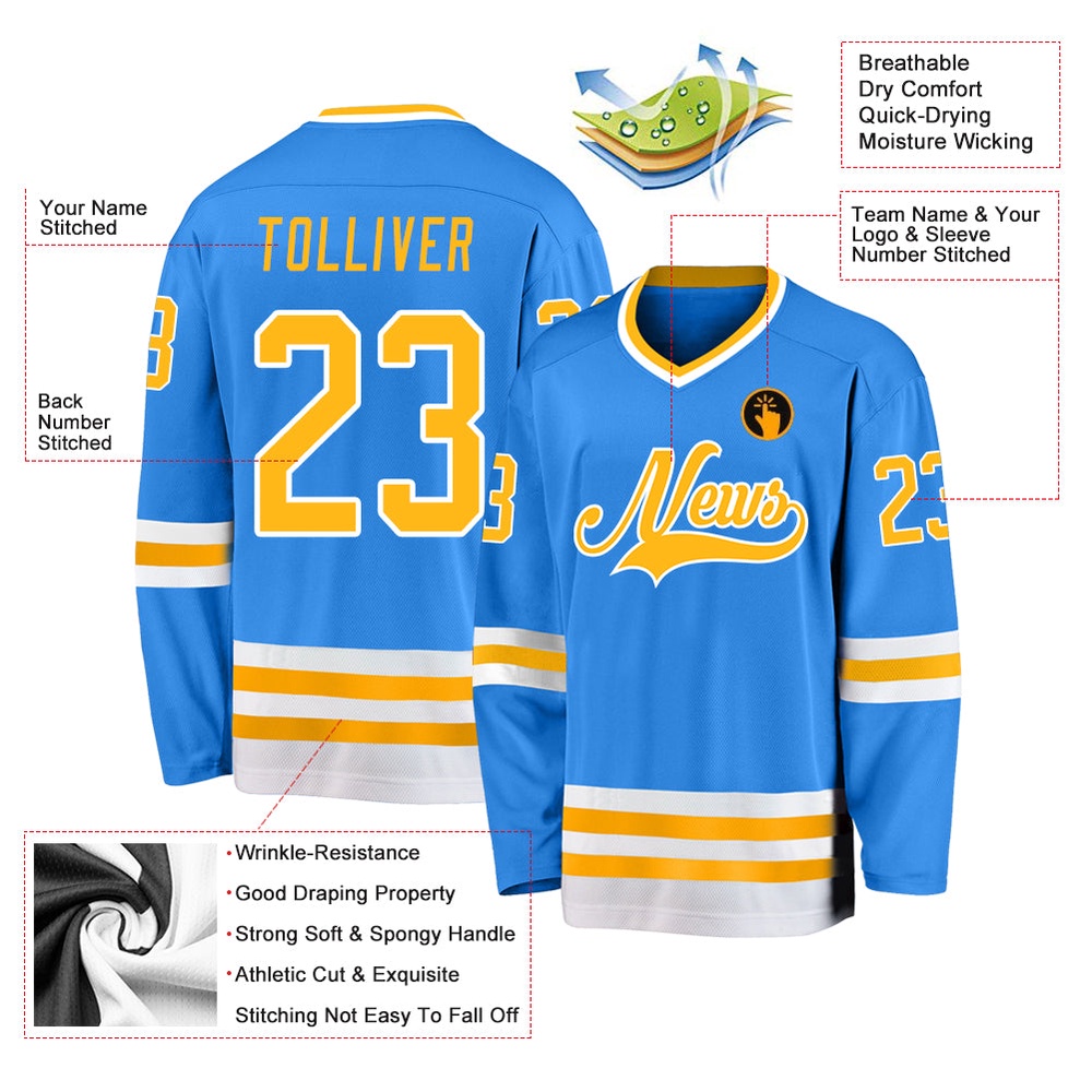 Custom Powder Blue Gold White Hockey Jersey, New Hockey Jersey, Personali Sport Team Jersey Shirt