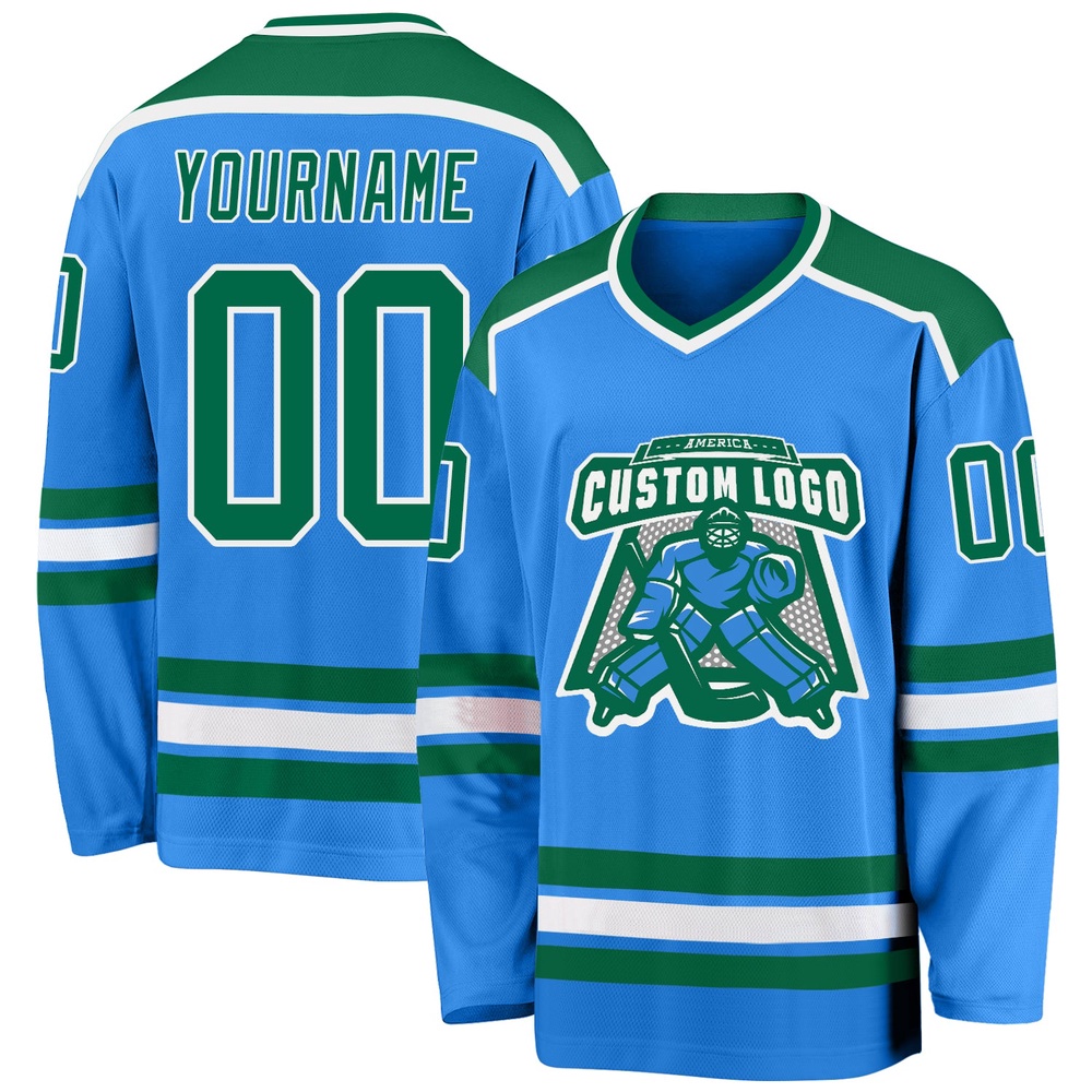 Custom Powder Blue Kelly Green White Hockey Jersey, New Hockey Jersey, Personali Sport Team Jersey Shirt