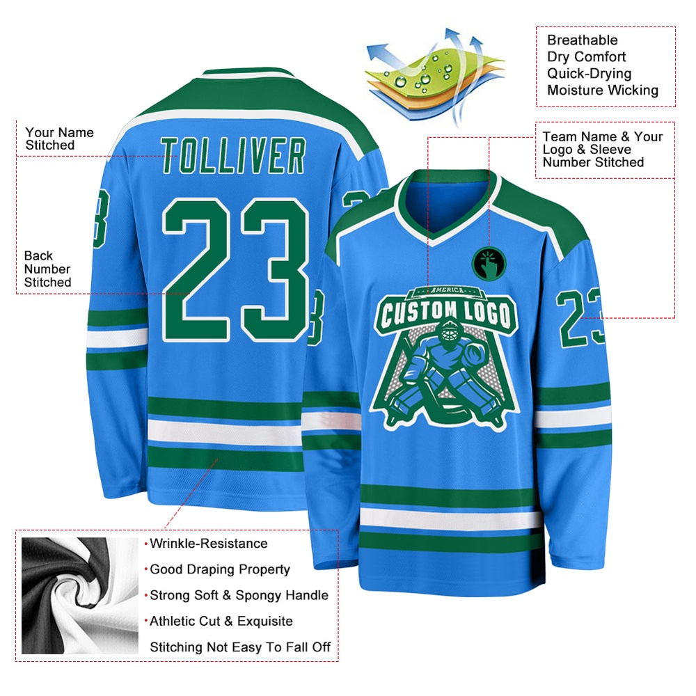 Custom Powder Blue Kelly Green White Hockey Jersey, New Hockey Jersey, Personali Sport Team Jersey Shirt