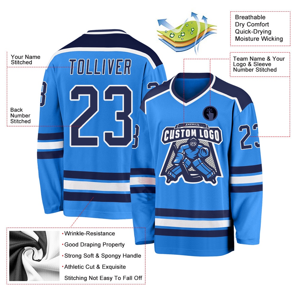 Custom Powder Blue Navy White Hockey Jersey, New Hockey Jersey, Personali Sport Team Jersey Shirt Custom Powder Blue Navy White Hockey Jersey, New Hockey Jersey, Personali Sport Team Jersey Shirt