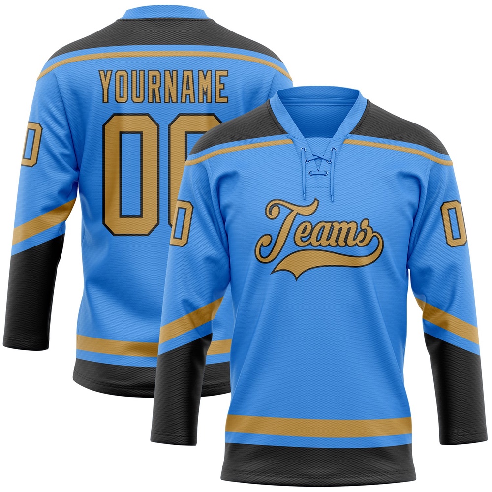 Custom Powder Blue Old Gold Black Hockey Lace Neck Jersey, New Hockey Jersey, Personali Sport Team Jersey Shirt