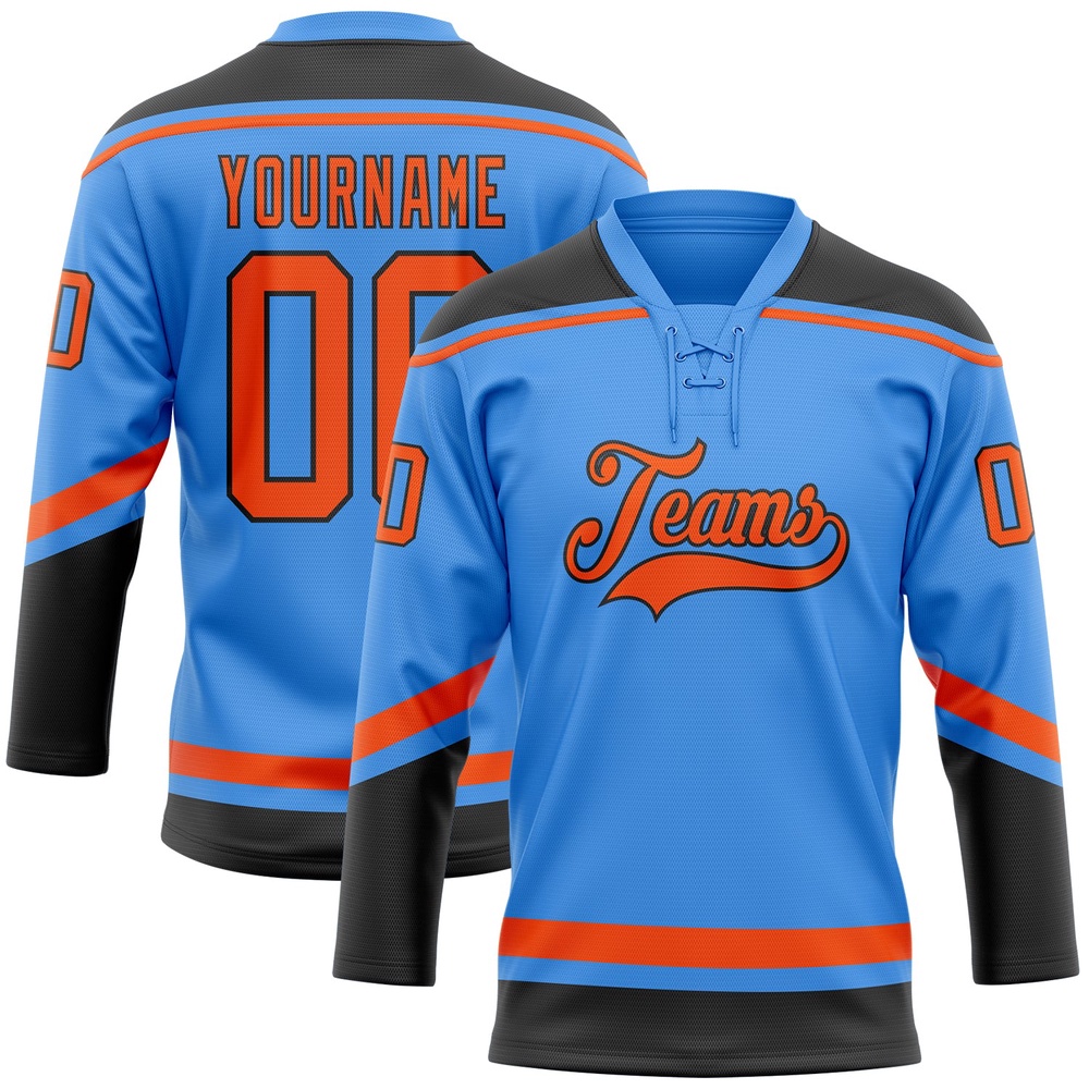 Custom Powder Blue Orange Black Hockey Lace Neck Jersey, New Hockey Jersey, Personali Sport Team Jersey Shirt