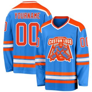 Custom Powder Blue Orange White Hockey Jersey,&hellip;
