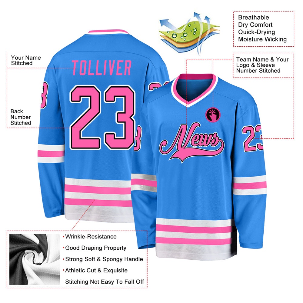 Custom Powder Blue Pink Black Hockey Jersey, New Hockey Jersey, Personali Sport Team Jersey Shirt