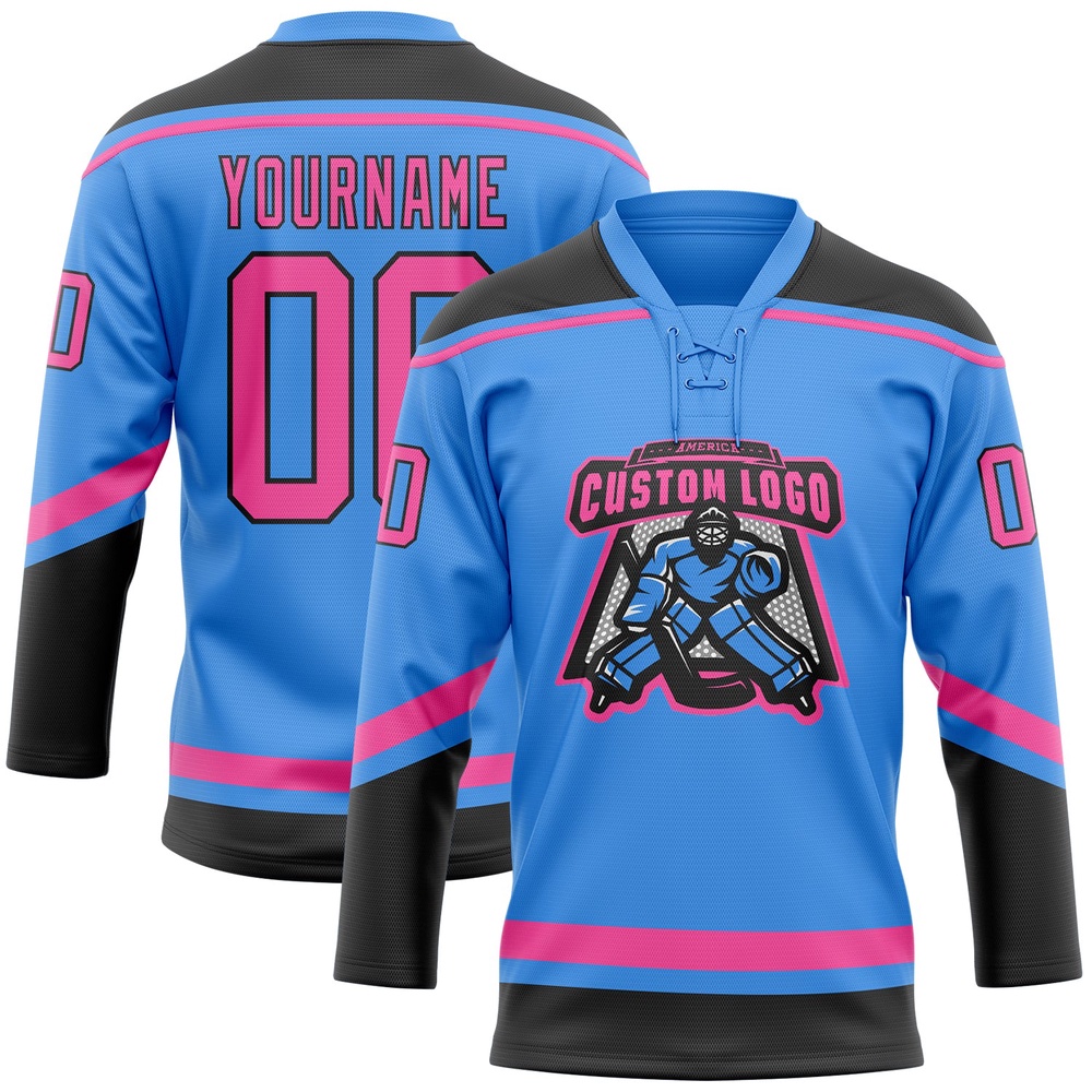 Custom Powder Blue Pink Black Hockey Lace Neck Jersey, New Hockey Jersey, Personali Sport Team Jersey Shirt