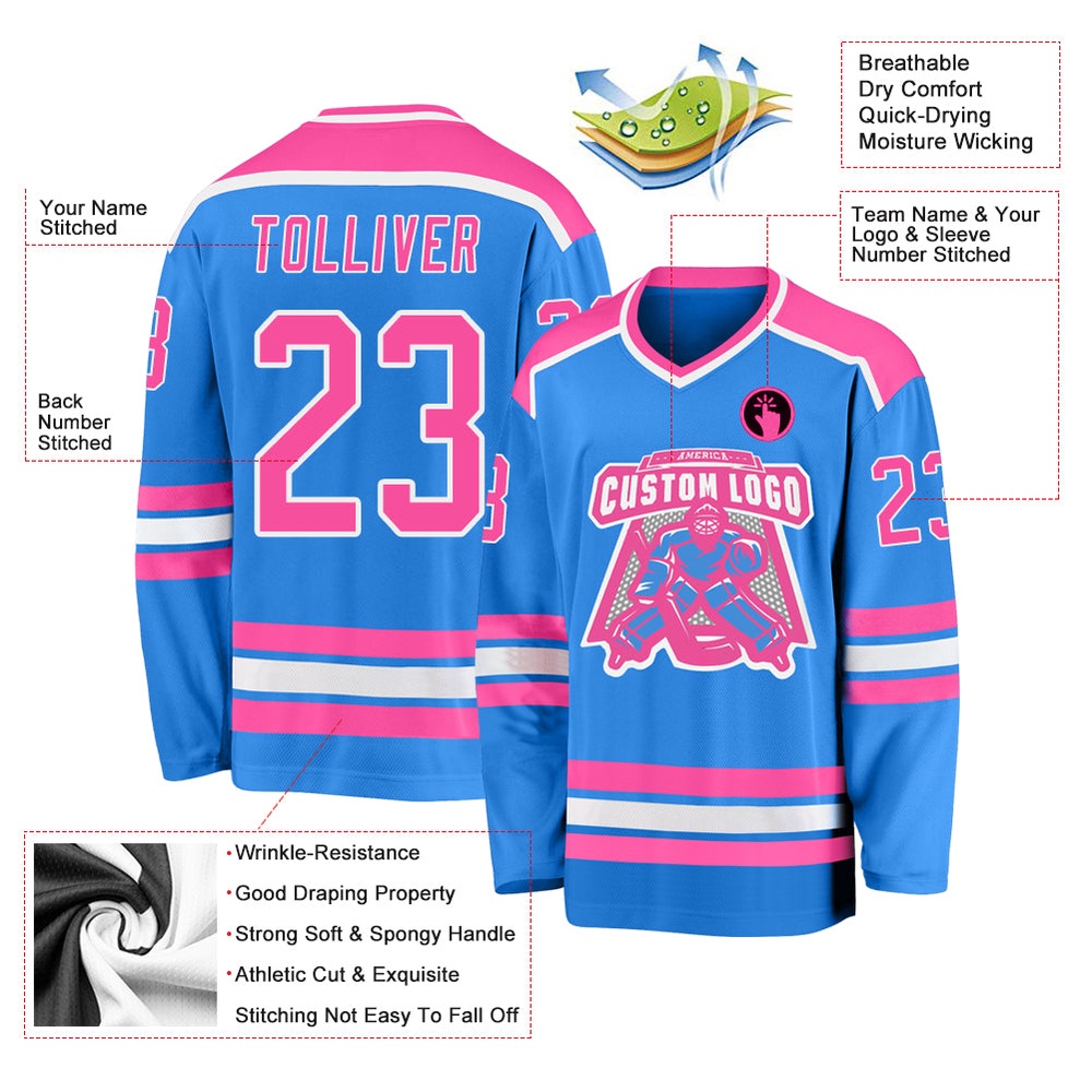 Custom Powder Blue Pink White Hockey Jersey, New Hockey Jersey, Personali Sport Team Jersey Shirt