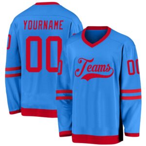 Custom Powder Blue Red Hockey Jersey, New&hellip;