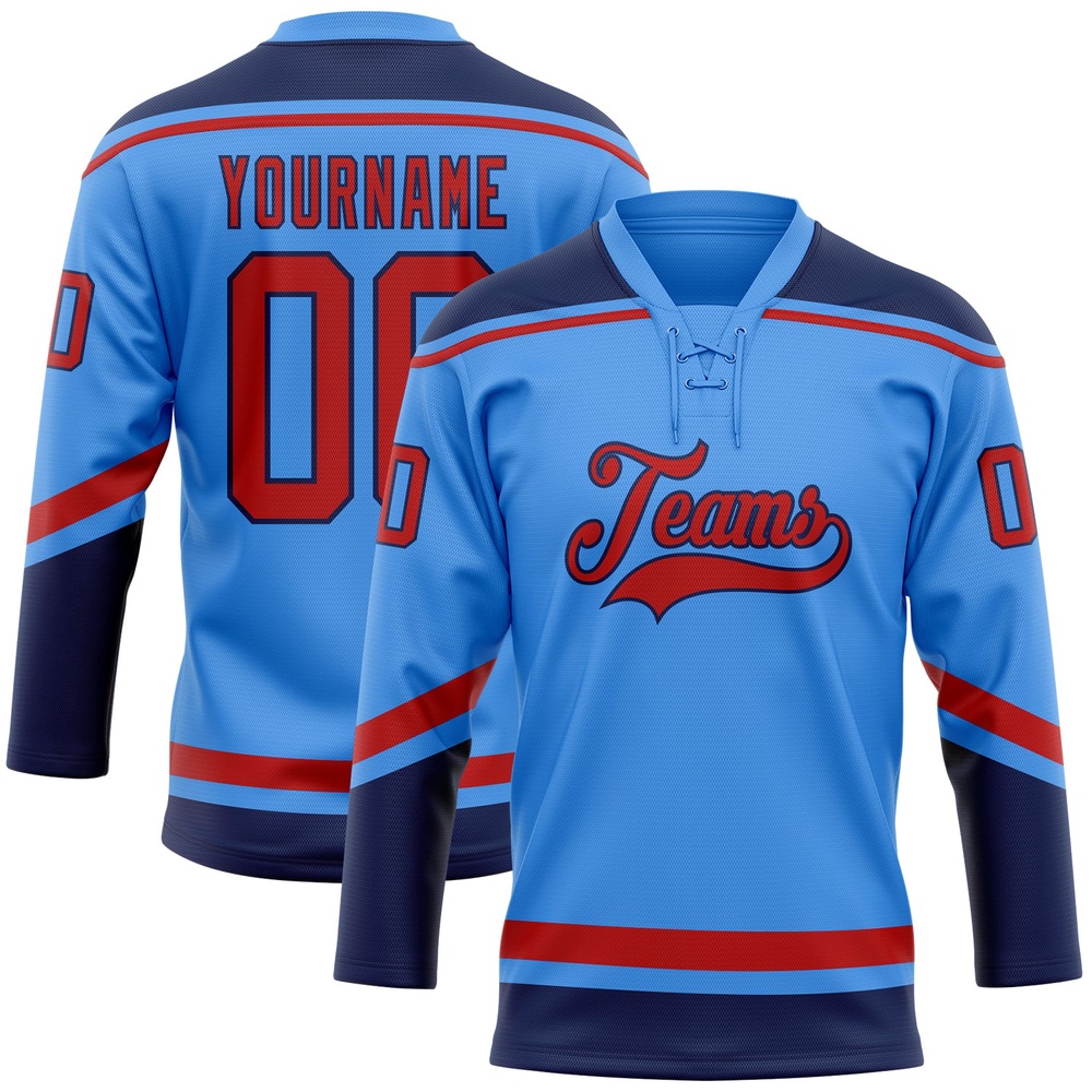 Custom Powder Blue Red Navy Hockey Lace Neck Jersey, New Hockey Jersey, Personali Sport Team Jersey Shirt Custom Powder Blue Red Navy Hockey Lace Neck Jersey, New Hockey Jersey, Personali Sport Team Jersey Shirt