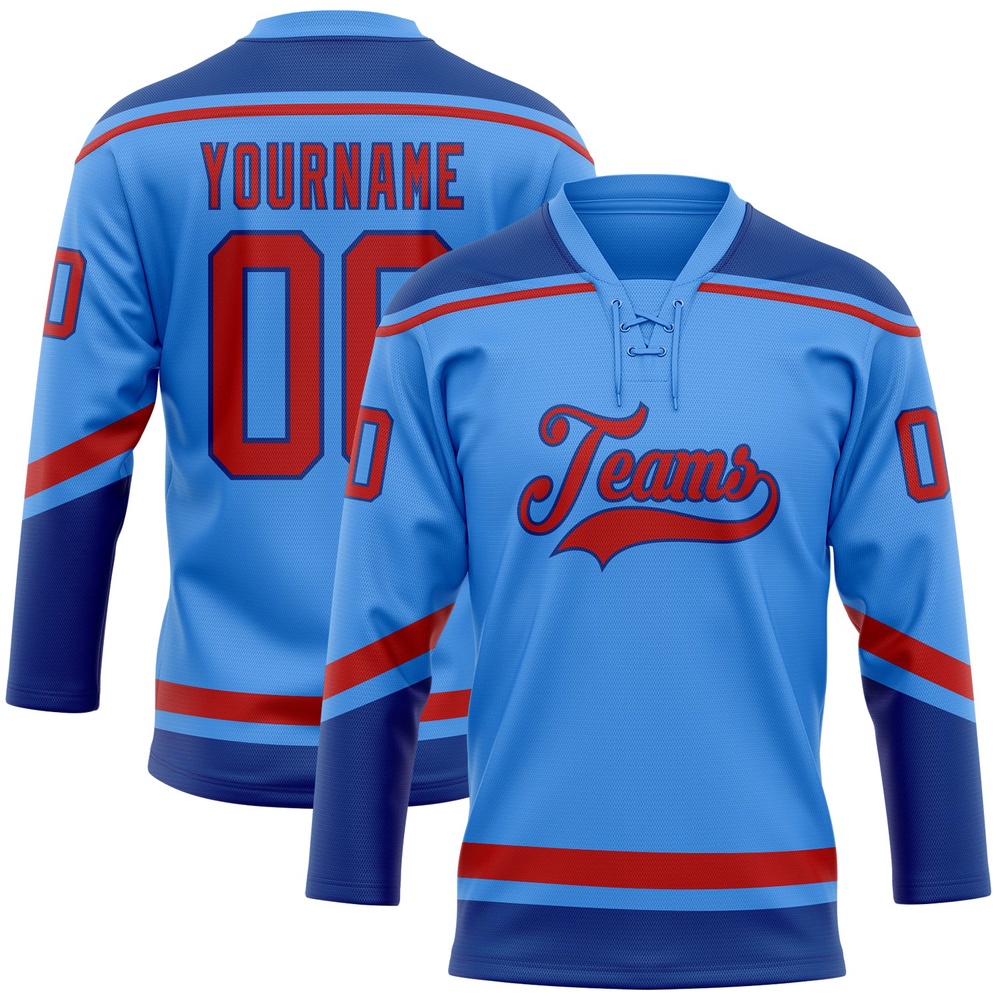 Custom Powder Blue Red Royal Hockey Lace Neck Jersey, New Hockey Jersey, Personali Sport Team Jersey Shirt