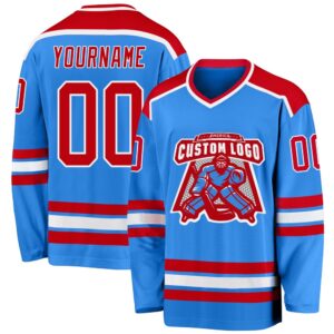 Custom Powder Blue Red White Hockey Jersey,&hellip;