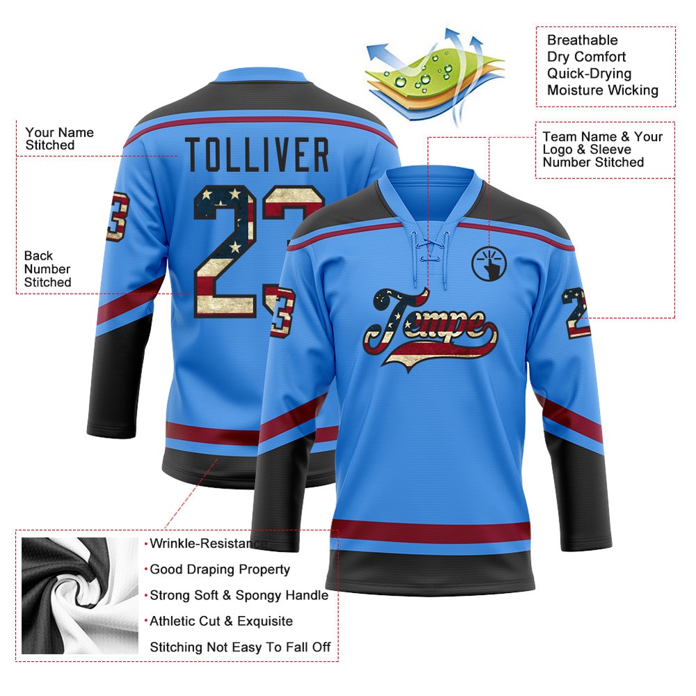 Custom Powder Blue Vintage USA Flag Black Maroon Hockey Lace Neck Jersey, New Hockey Jersey, Personali Sport Team Jersey Shirt