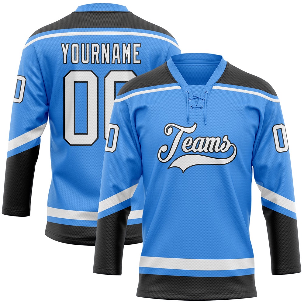 Custom Powder Blue White Black Hockey Lace Neck Jersey, New Hockey Jersey, Personali Sport Team Jersey Shirt Custom Powder Blue White Black Hockey Lace Neck Jersey, New Hockey Jersey, Personali Sport Team Jersey Shirt