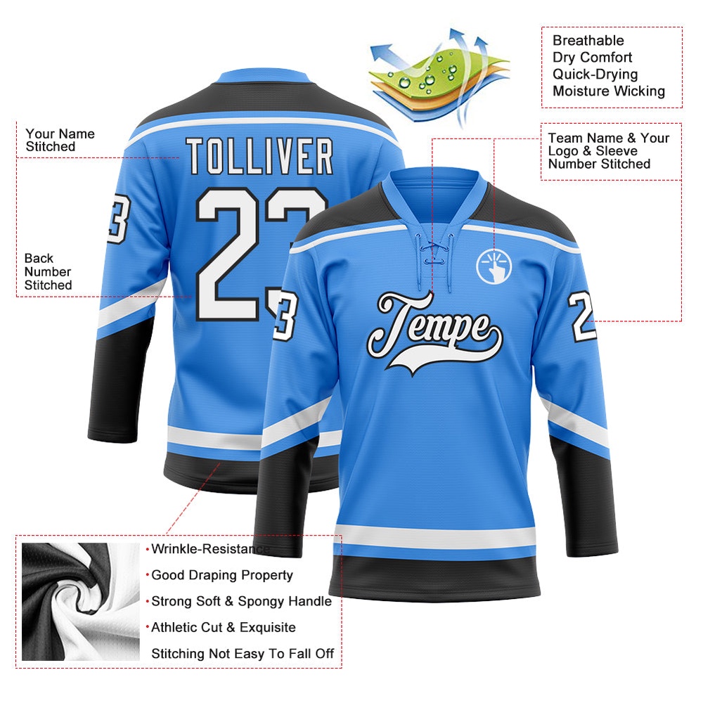 Custom Powder Blue White Black Hockey Lace Neck Jersey, New Hockey Jersey, Personali Sport Team Jersey Shirt Custom Powder Blue White Black Hockey Lace Neck Jersey, New Hockey Jersey, Personali Sport Team Jersey Shirt