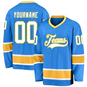 Custom Powder Blue White Gold Hockey Jersey,&hellip;