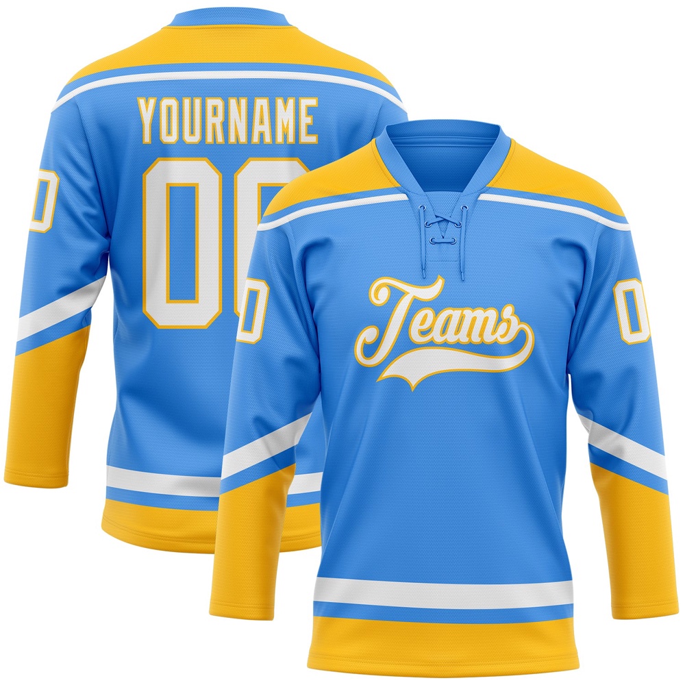 Custom Powder Blue White Gold Hockey Lace Neck Jersey, New Hockey Jersey, Personali Sport Team Jersey Shirt