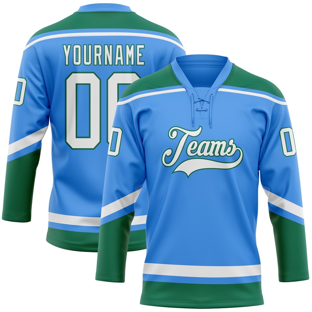 Custom Powder Blue White Kelly Green Hockey Lace Neck Jersey, New Hockey Jersey, Personali Sport Team Jersey Shirt