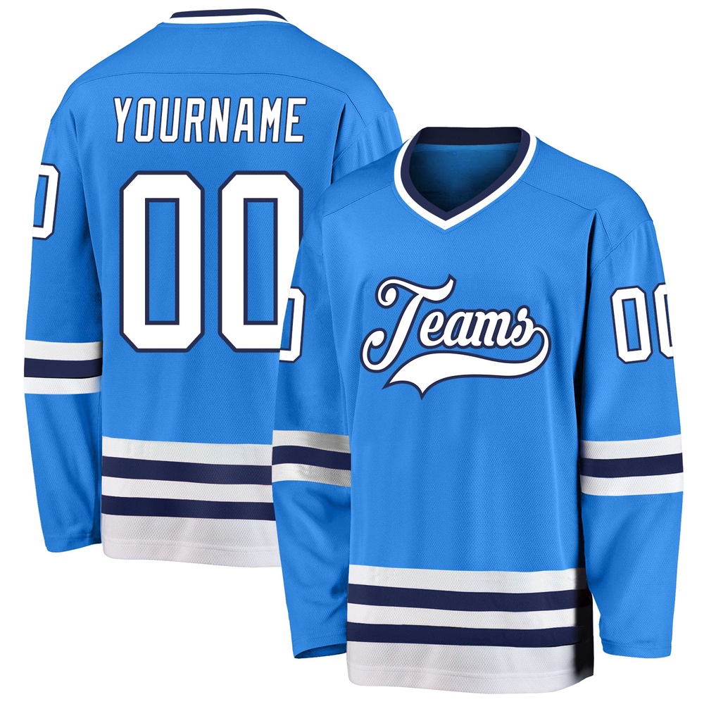 Custom Powder Blue White Navy Hockey Jersey, New Hockey Jersey, Personali Sport Team Jersey Shirt Custom Powder Blue White Navy Hockey Jersey, New Hockey Jersey, Personali Sport Team Jersey Shirt