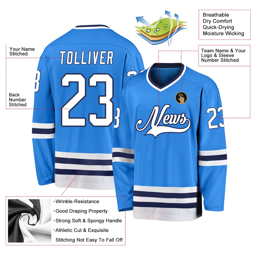Custom Powder Blue White Navy Hockey Jersey, New Hockey Jersey, Personali Sport Team Jersey Shirt Custom Powder Blue White Navy Hockey Jersey, New Hockey Jersey, Personali Sport Team Jersey Shirt