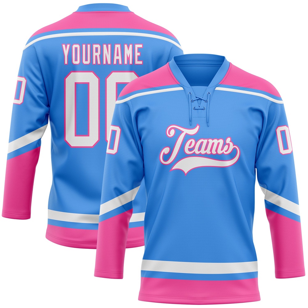 Custom Powder Blue White Pink Hockey Lace Neck Jersey, New Hockey Jersey, Personali Sport Team Jersey Shirt Custom Powder Blue White Pink Hockey Lace Neck Jersey, New Hockey Jersey, Personali Sport Team Jersey Shirt