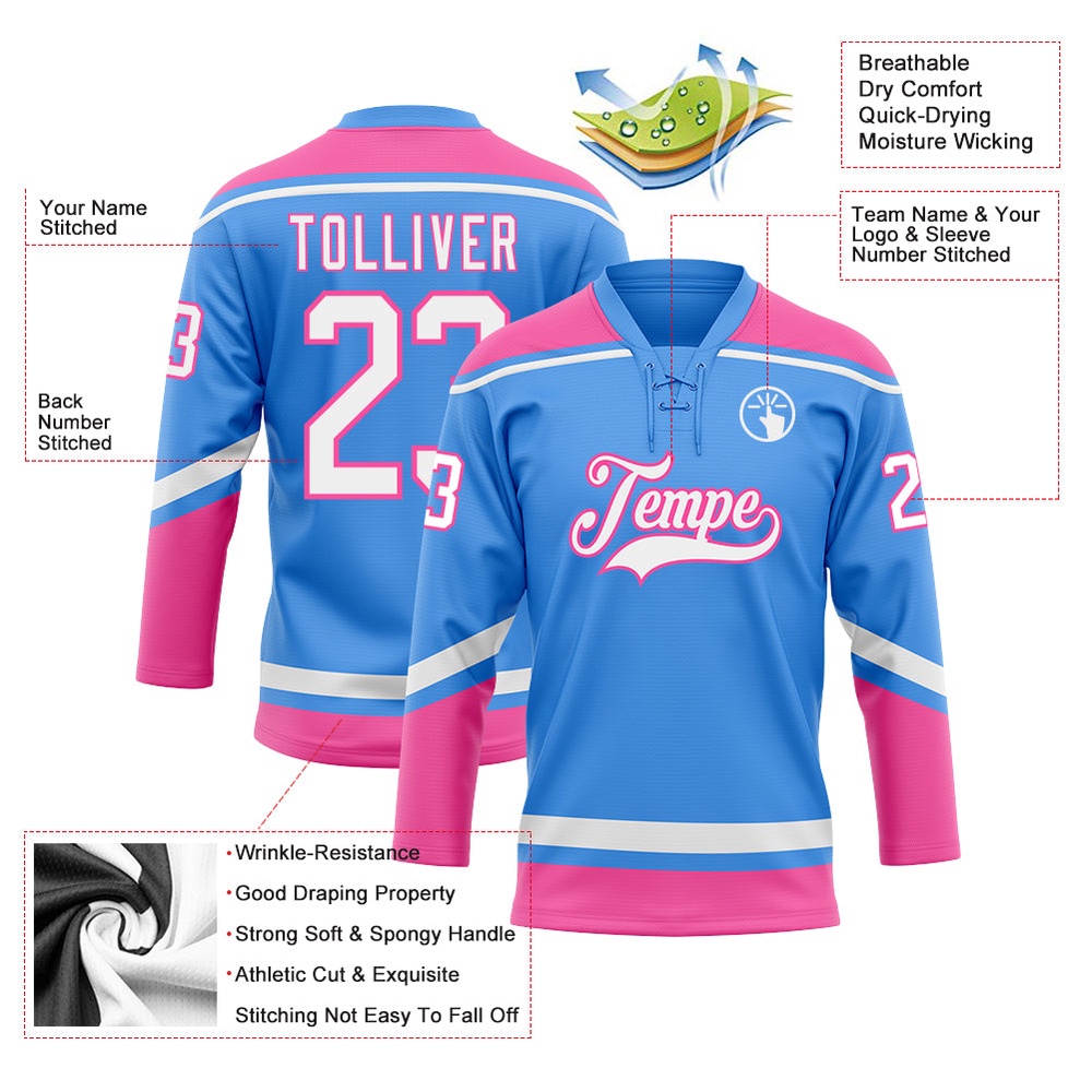 Custom Powder Blue White Pink Hockey Lace Neck Jersey, New Hockey Jersey, Personali Sport Team Jersey Shirt Custom Powder Blue White Pink Hockey Lace Neck Jersey, New Hockey Jersey, Personali Sport Team Jersey Shirt