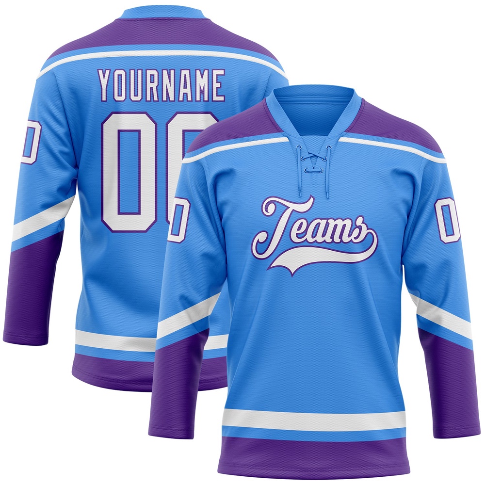 Custom Powder Blue White Purple Hockey Lace Neck Jersey, New Hockey Jersey, Personali Sport Team Jersey Shirt