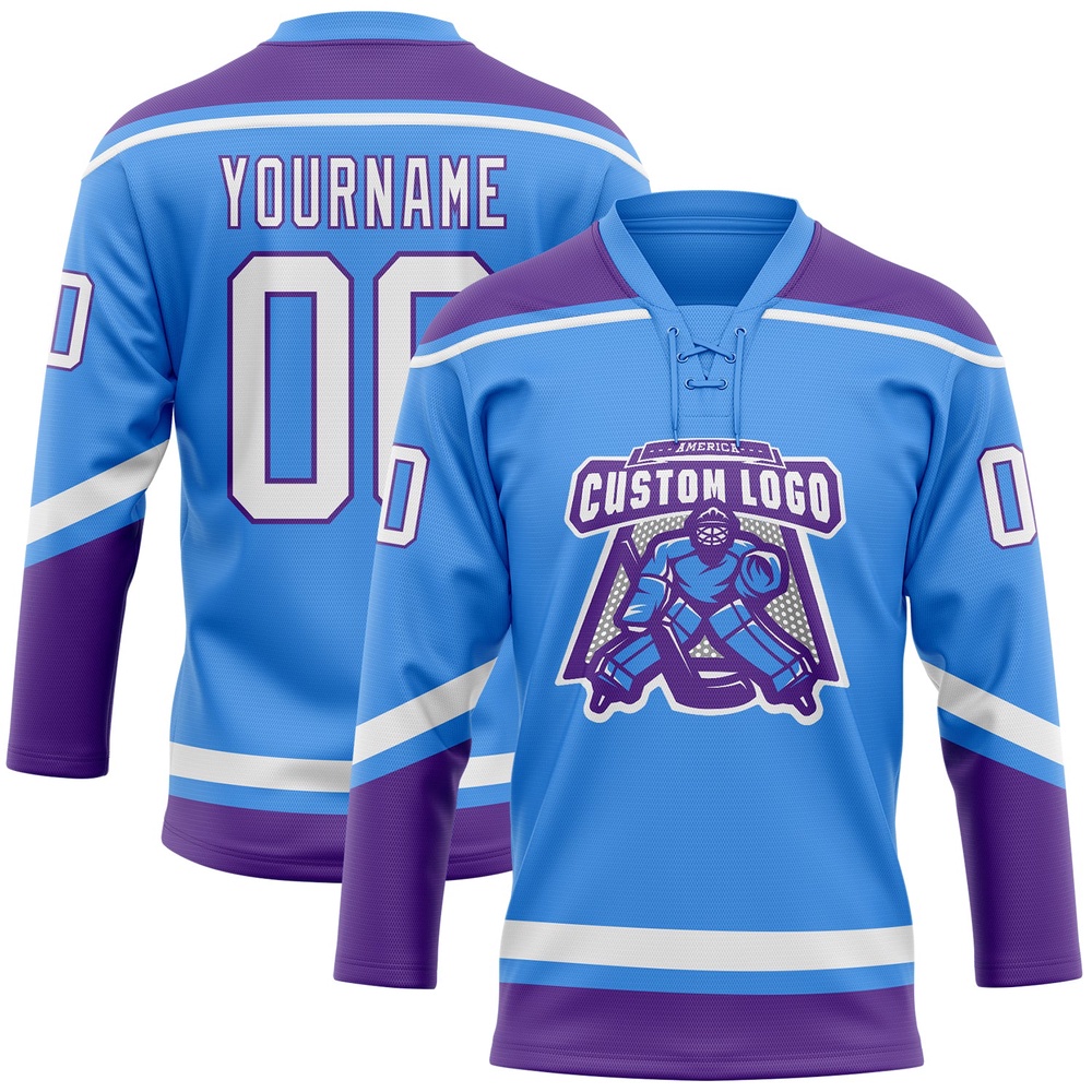 Custom Powder Blue White Purple Hockey Lace Neck Jersey, New Hockey Jersey, Personali Sport Team Jersey Shirt