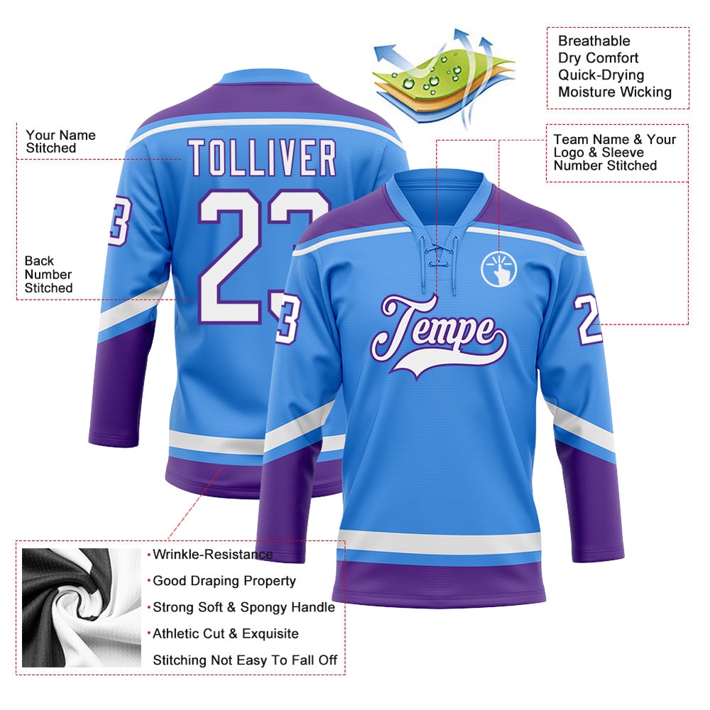 Custom Powder Blue White Purple Hockey Lace Neck Jersey, New Hockey Jersey, Personali Sport Team Jersey Shirt