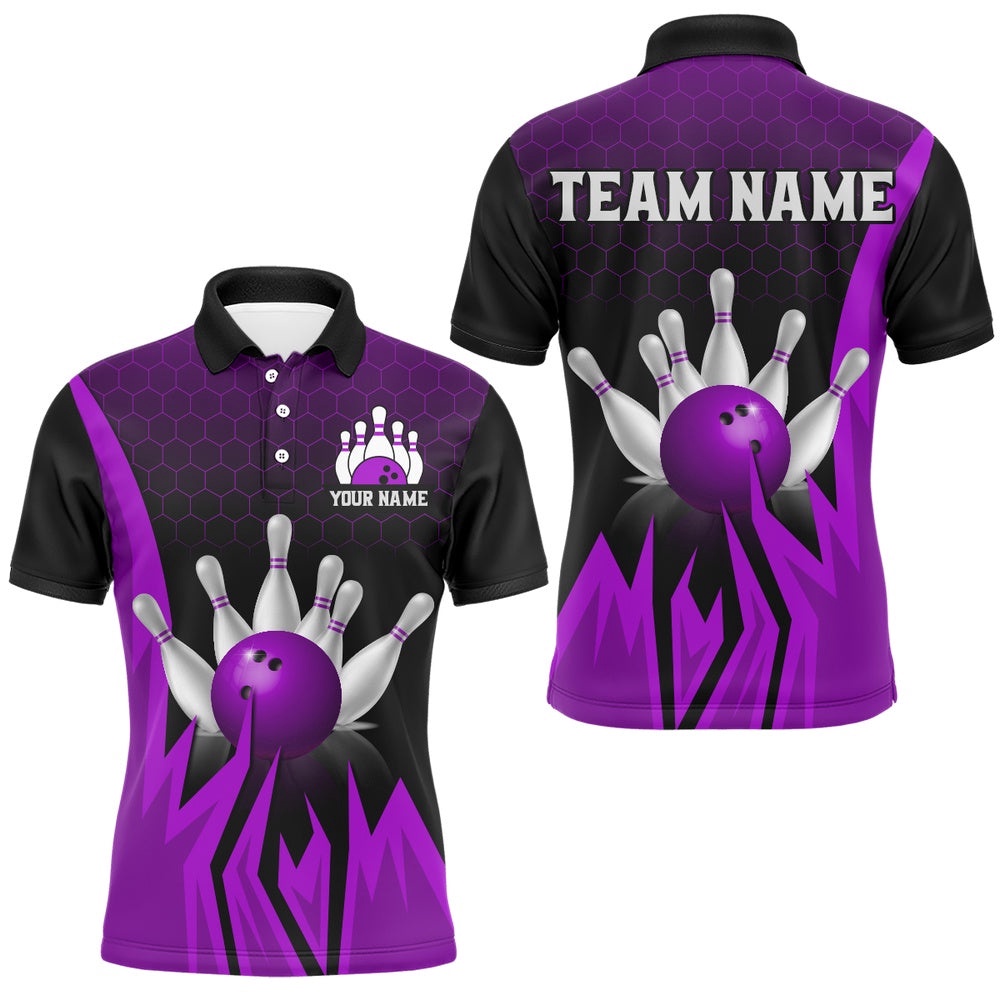 Custom Purple Flame Bowling Polo Shirts For Men & Women Bowling Team Polo Shirt, Personalized Bowling Team Shirt