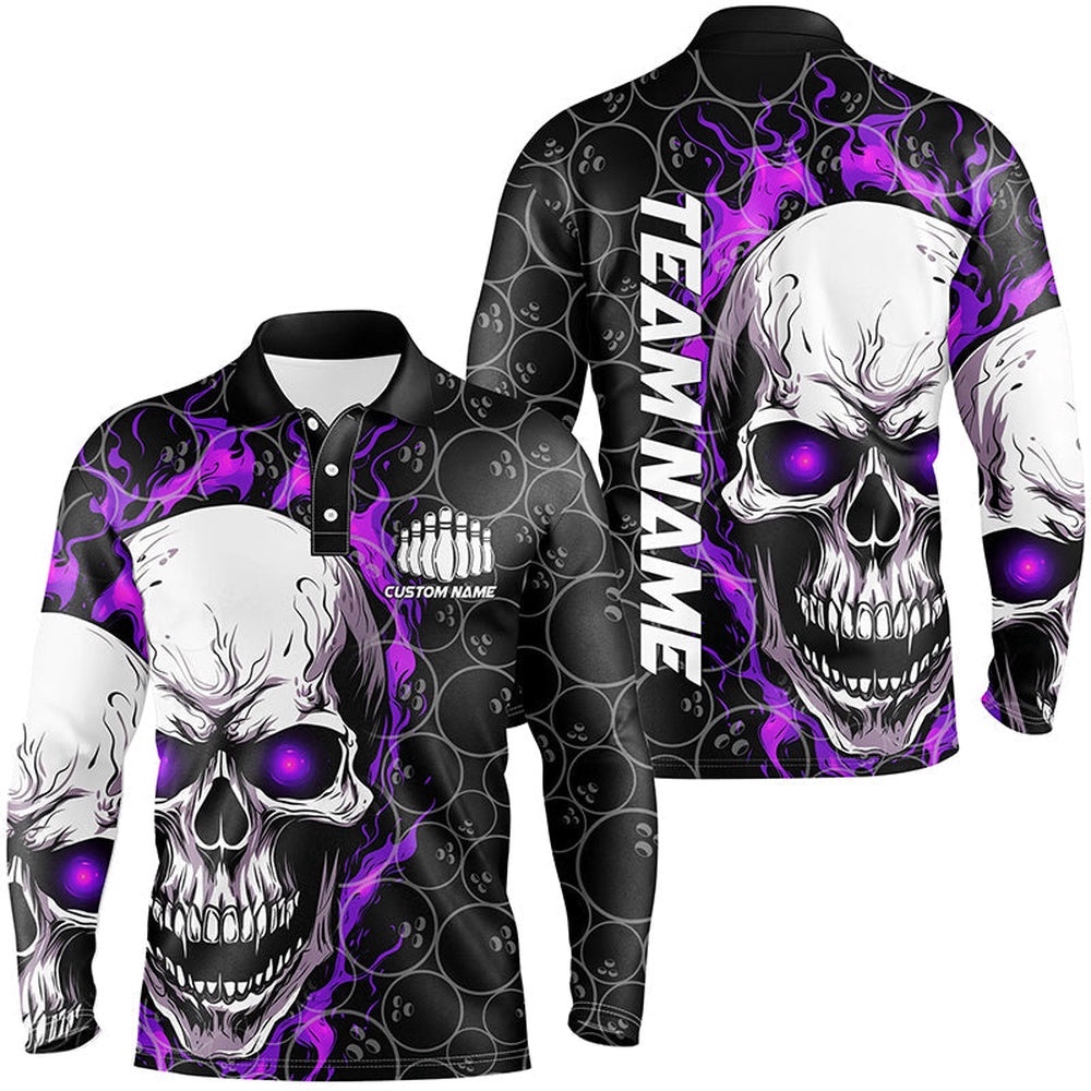 Custom Purple Flame Skull Bowling Shirts For Men, Bowling Team Long Sleeve Bowling Shirts, Personalized Bowling Team Shirt Custom Purple Flame Skull Bowling Shirts For Men, Bowling Team Long Sleeve Bowling Shirts, Personalized Bowling Team Shirt