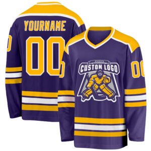 Custom Purple Gold White Hockey Jersey, New&hellip;
