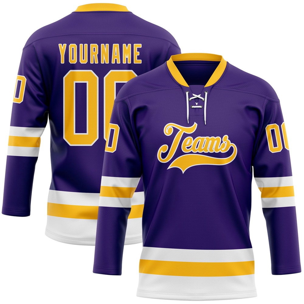 Custom Purple Gold White Hockey Lace Neck Jersey, New Hockey Jersey, Personali Sport Team Jersey Shirt