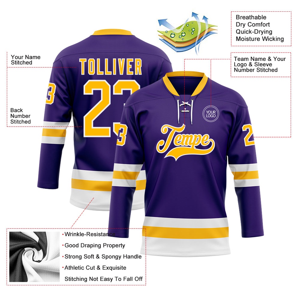 Custom Purple Gold White Hockey Lace Neck Jersey, New Hockey Jersey, Personali Sport Team Jersey Shirt