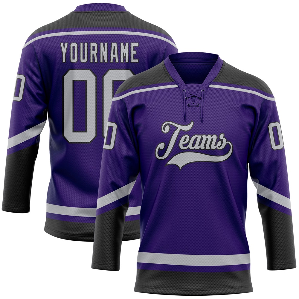 Custom Purple Gray Black Hockey Lace Neck Jersey, New Hockey Jersey, Personali Sport Team Jersey Shirt